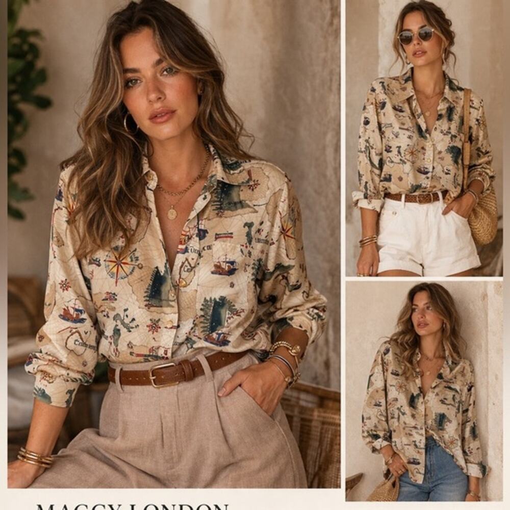 Maggy London Sz.8 Blouse 100%Silk Safari Travel Academia Maps